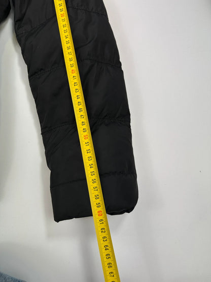 Prada black fitted nylon down puffer jacket with hood and logo detail.