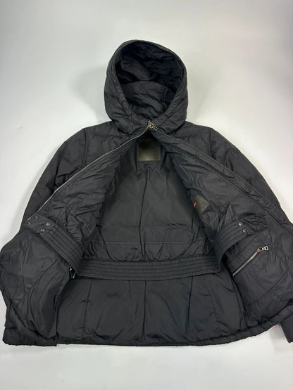 Prada black fitted nylon down puffer jacket with hood and logo detail.