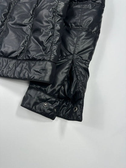 Prada black puffer jacket with shirt collar and Ripstop nylon fabric.