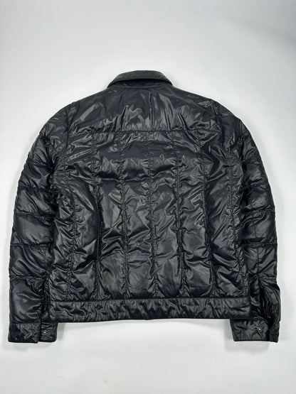 Prada black puffer jacket with shirt collar and Ripstop nylon fabric.