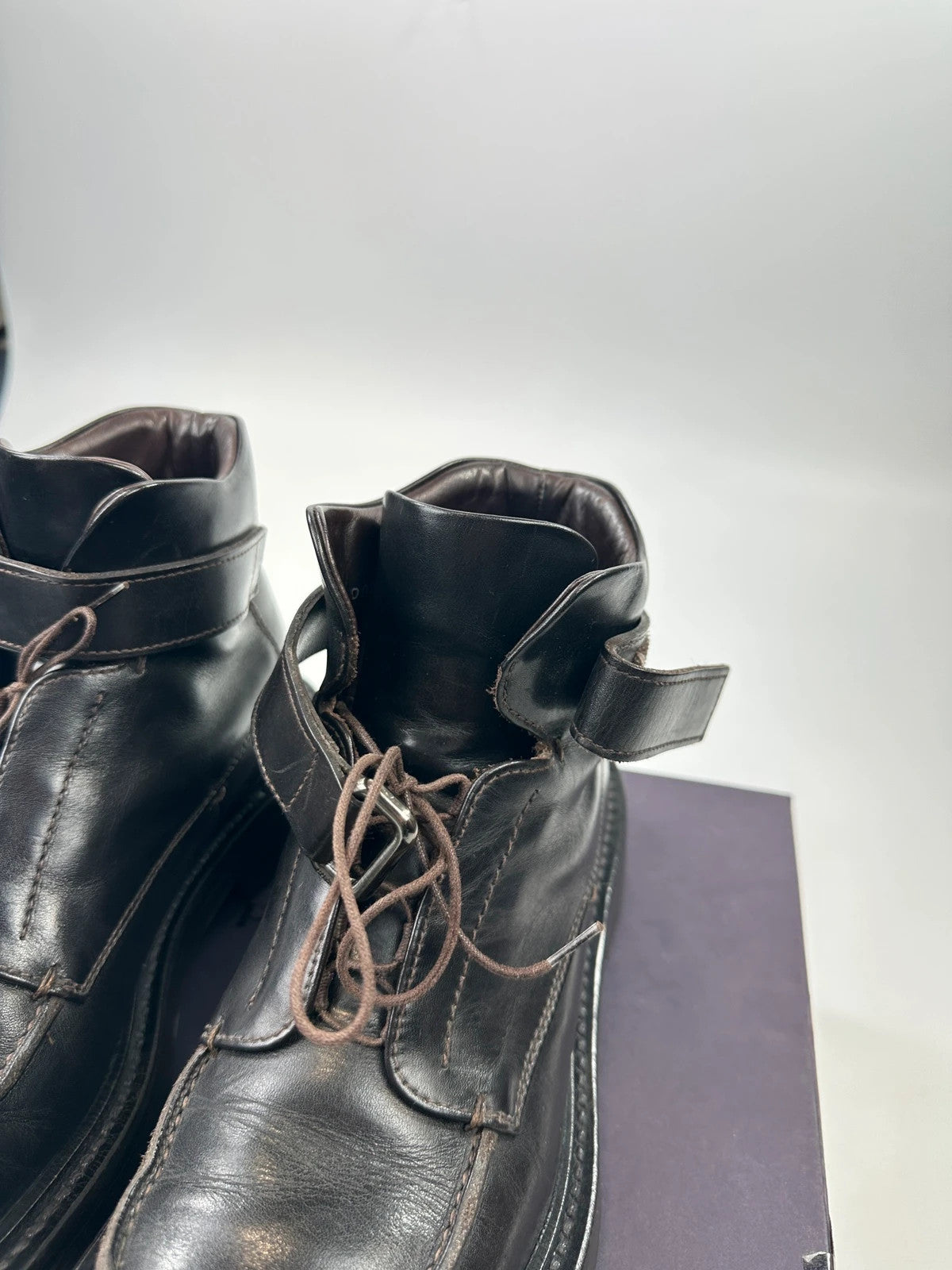 Prada black leather ankle boots with laces and Velcro, vintage 1999 collection.