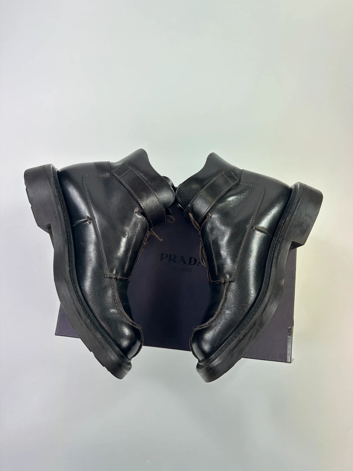 Prada black leather ankle boots with laces and Velcro, vintage 1999 collection.
