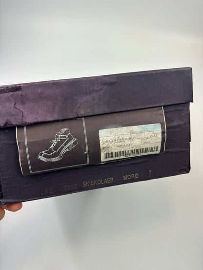 Prada black leather ankle boots with laces and Velcro, vintage 1999 collection.