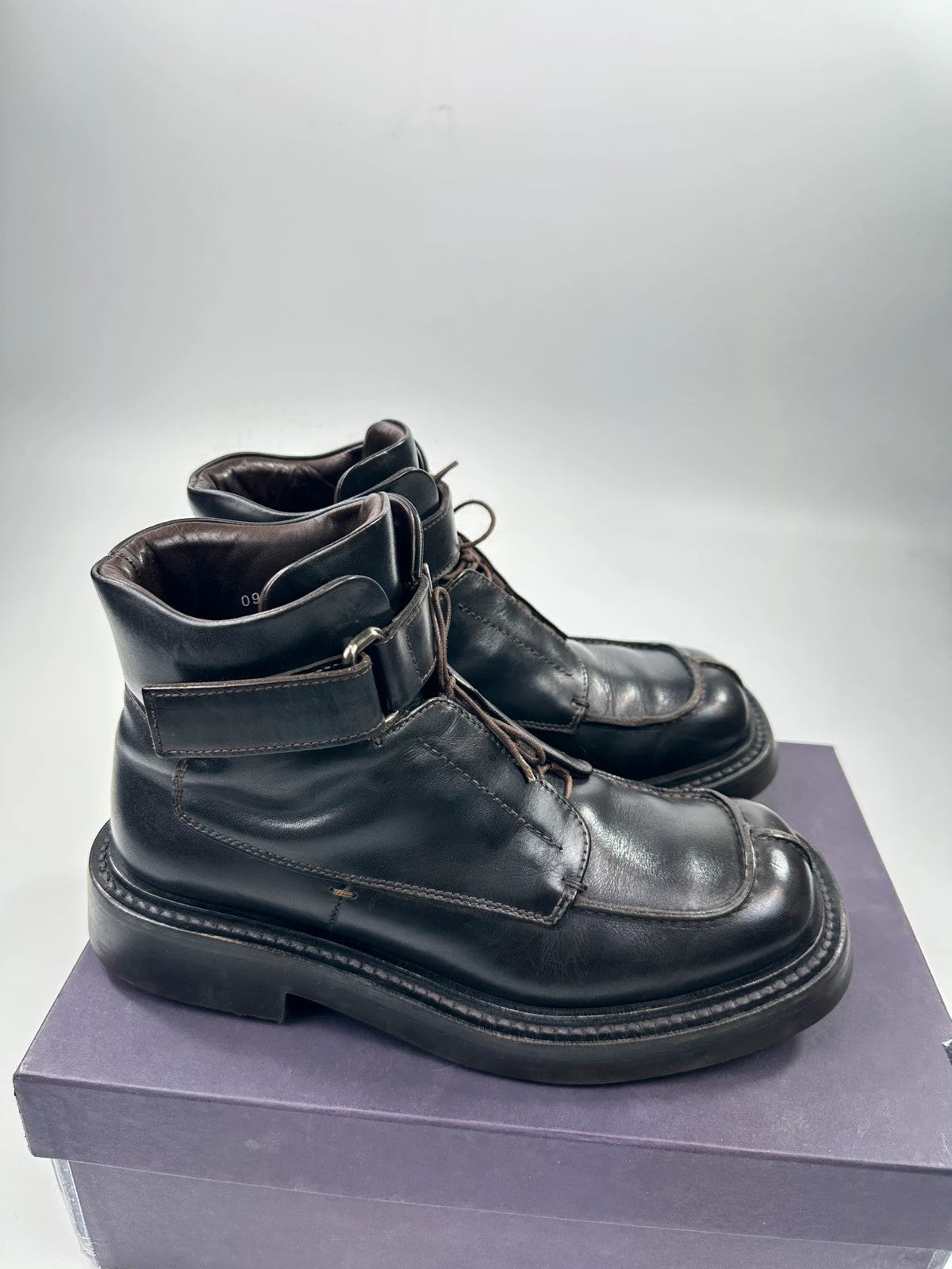 Prada black leather ankle boots with laces and Velcro, vintage 1999 collection.
