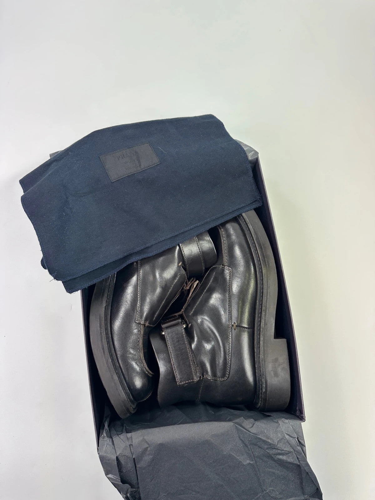 Prada black leather ankle boots with laces and Velcro, vintage 1999 collection.