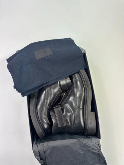 Prada black leather ankle boots with laces and Velcro, vintage 1999 collection.