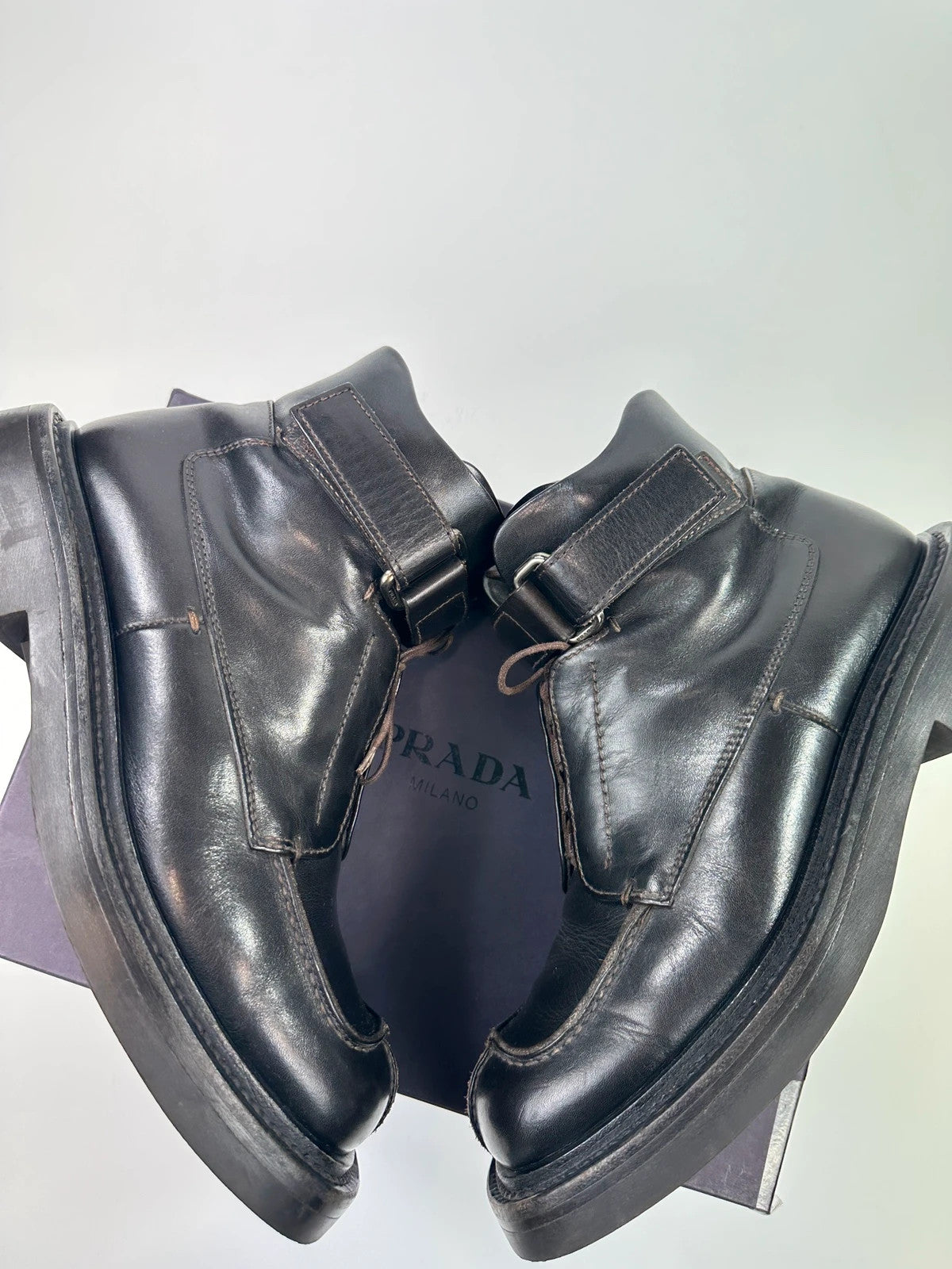 Prada black leather ankle boots with laces and Velcro, vintage 1999 collection.