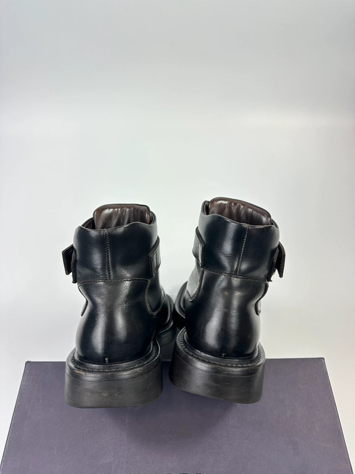 Prada black leather ankle boots with laces and Velcro, vintage 1999 collection.