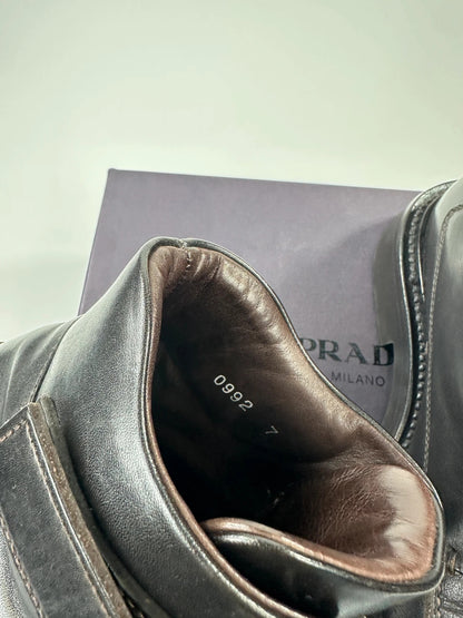 Prada black leather ankle boots with laces and Velcro, vintage 1999 collection.