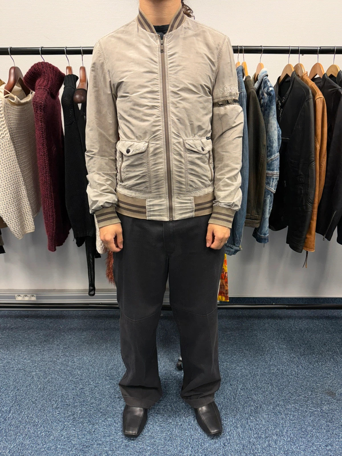 Dolce & Gabbana beige grey bomber jacket with faded nylon and logo details.