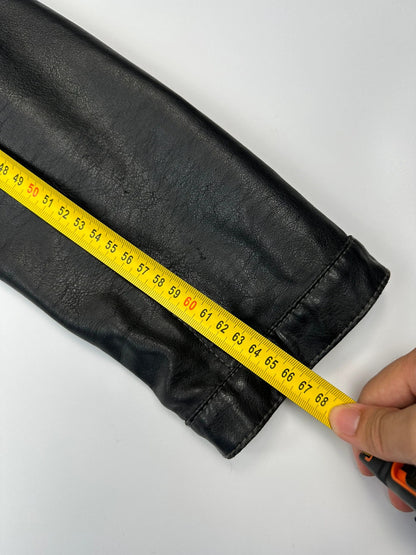 Armani Jeans black faux leather jacket with worn pockets and minimalist design.