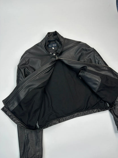 Armani Jeans black faux leather jacket with worn pockets and minimalist design.