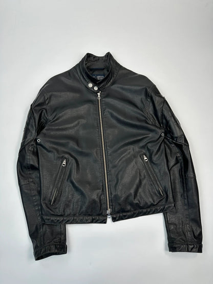 Armani Jeans black faux leather jacket with worn pockets and minimalist design.