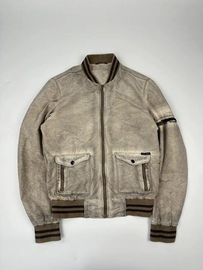 Dolce & Gabbana beige grey bomber jacket with faded nylon and logo details.