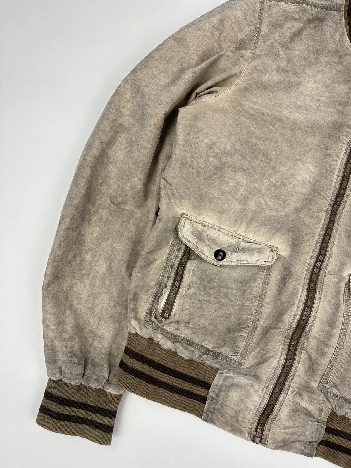 Dolce & Gabbana beige grey bomber jacket with faded nylon and logo details.