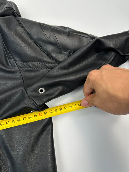 Armani Jeans black faux leather jacket with worn pockets and minimalist design.