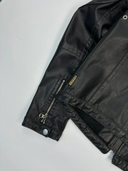 Armani Jeans black faux leather jacket with worn pockets and minimalist design.