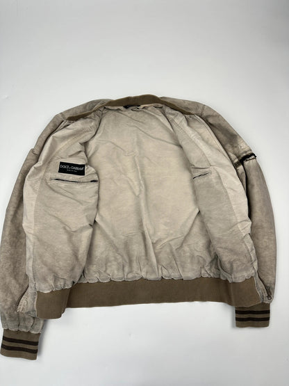 Dolce & Gabbana beige grey bomber jacket with faded nylon and logo details.