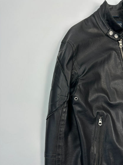 Armani Jeans black faux leather jacket with worn pockets and minimalist design.