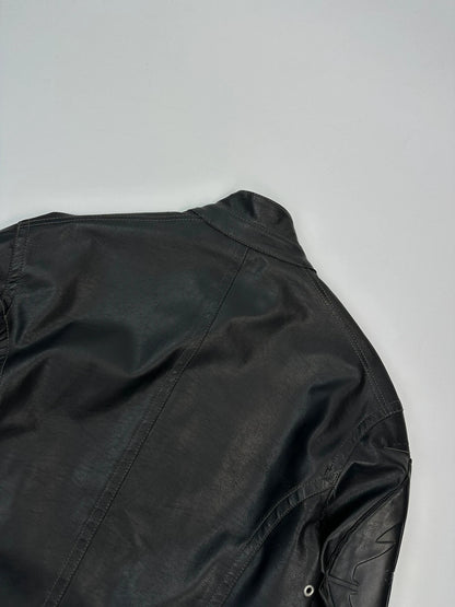 Armani Jeans black faux leather jacket with worn pockets and minimalist design.