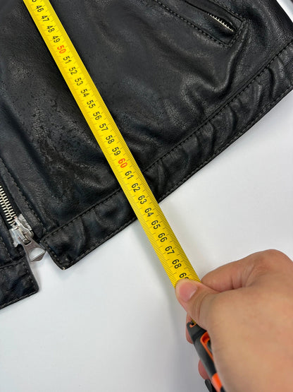 Armani Jeans black faux leather jacket with worn pockets and minimalist design.