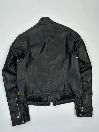 Armani Jeans black faux leather jacket with worn pockets and minimalist design.