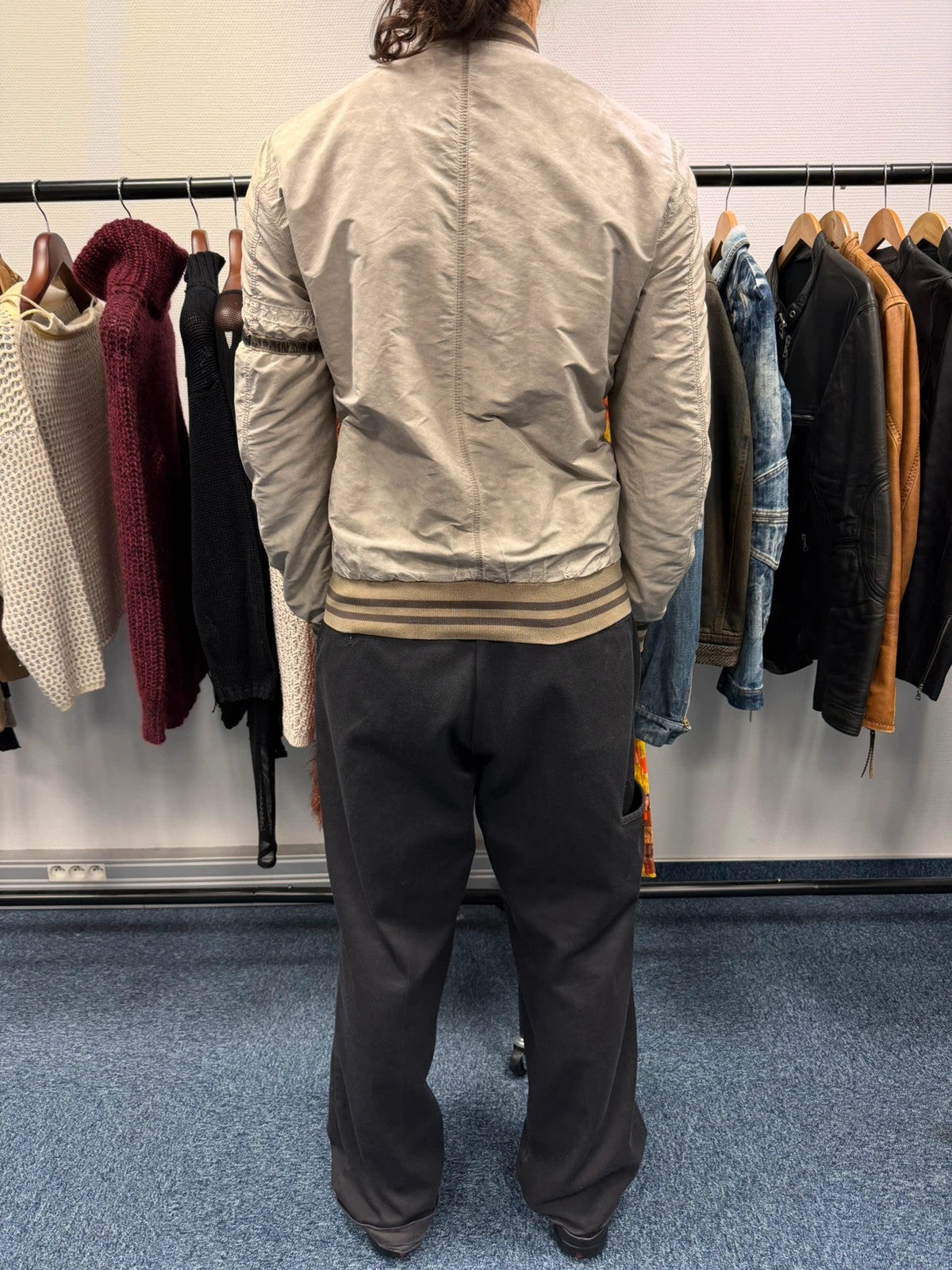 Dolce & Gabbana beige grey bomber jacket with faded nylon and logo details.
