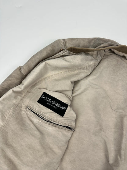 Dolce & Gabbana beige grey bomber jacket with faded nylon and logo details.