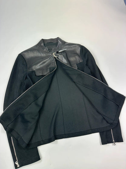 Prada black mesh and leather jacket with logo detailing and vintage design elements.