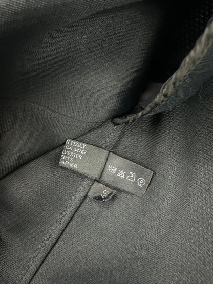 Prada black mesh and leather jacket with logo detailing and vintage design elements.