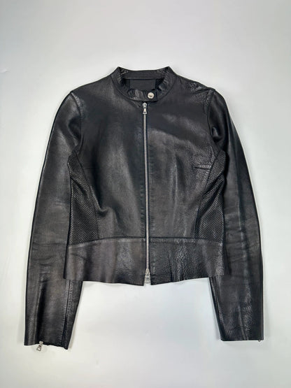 Prada black perforated leather jacket with subtle logo detailing and minimalist design.