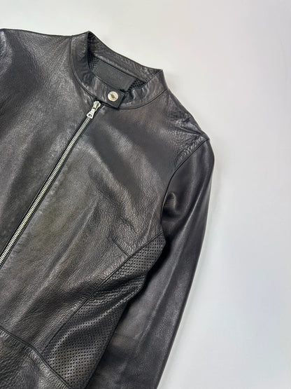 Prada black perforated leather jacket with subtle logo detailing and minimalist design.