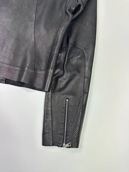 Prada black perforated leather jacket with subtle logo detailing and minimalist design.