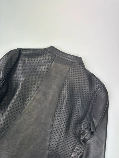 Prada black perforated leather jacket with subtle logo detailing and minimalist design.