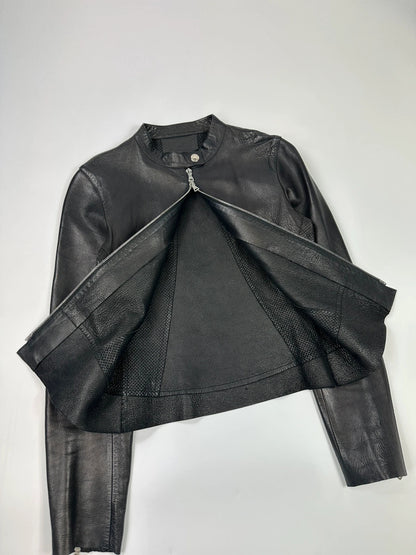 Prada black perforated leather jacket with subtle logo detailing and minimalist design.