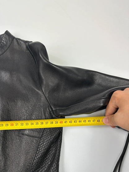 Prada black perforated leather jacket with subtle logo detailing and minimalist design.