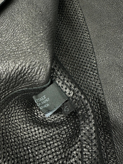 Prada black perforated leather jacket with subtle logo detailing and minimalist design.