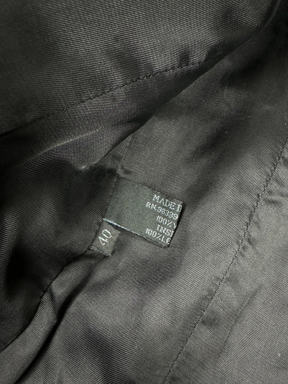 Prada black wool and leather jacket with biker-style detailing and logo accents.