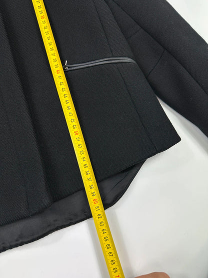 Prada black wool and leather jacket with biker-style detailing and logo accents.