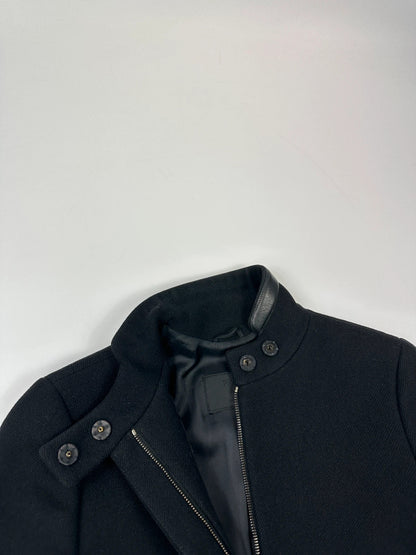 Prada black wool and leather jacket with biker-style detailing and logo accents.