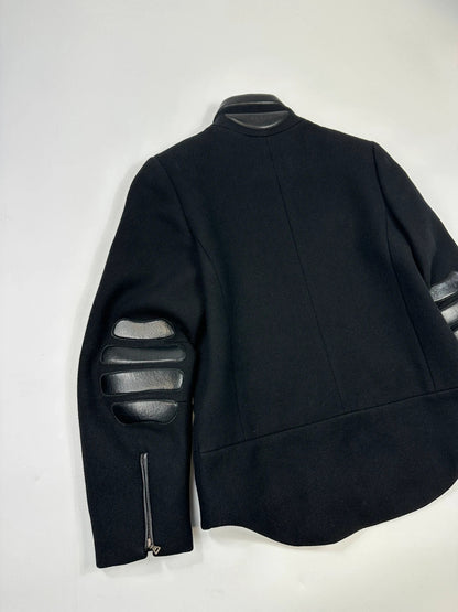 Prada black wool and leather jacket with biker-style detailing and logo accents.