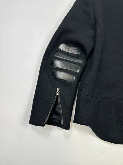 Prada black wool and leather jacket with biker-style detailing and logo accents.