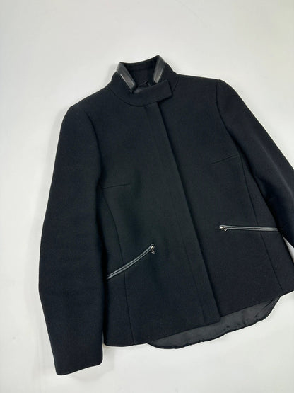 Prada black wool and leather jacket with biker-style detailing and logo accents.