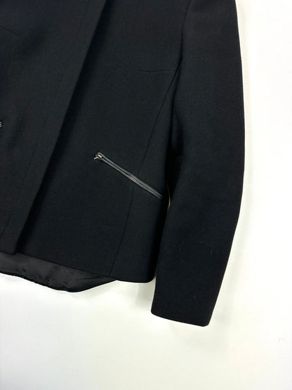 Prada black wool and leather jacket with biker-style detailing and logo accents.