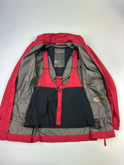 Prada red Gore-Tex jacket with logo detail, vintage Autumn-Winter 2003 collection.