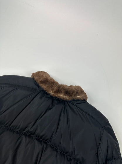 Prada black cropped bomber puffer jacket with logo detailing and vintage 90s design.