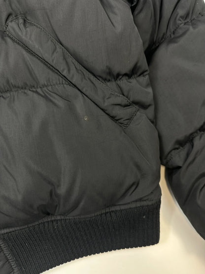 Prada black cropped bomber puffer jacket with logo detailing and vintage 90s design.