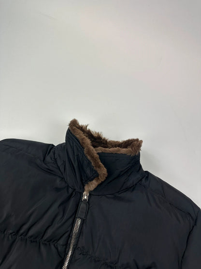 Prada black cropped bomber puffer jacket with logo detailing and vintage 90s design.
