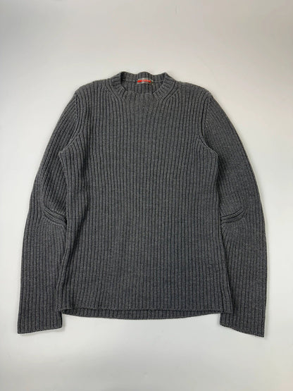 Prada grey ribbed wool knit sweater with elbow seam detailing from FW2004 collection.