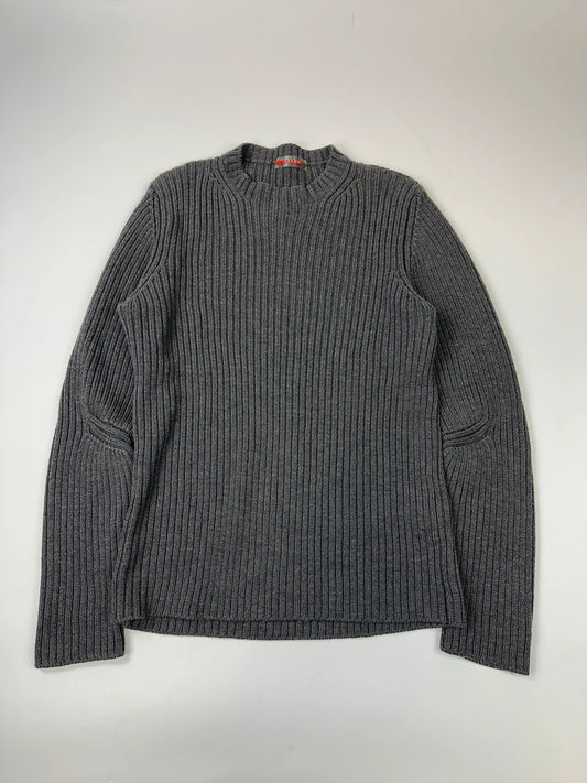Prada grey ribbed wool knit sweater with elbow seam detailing from FW2004 collection.